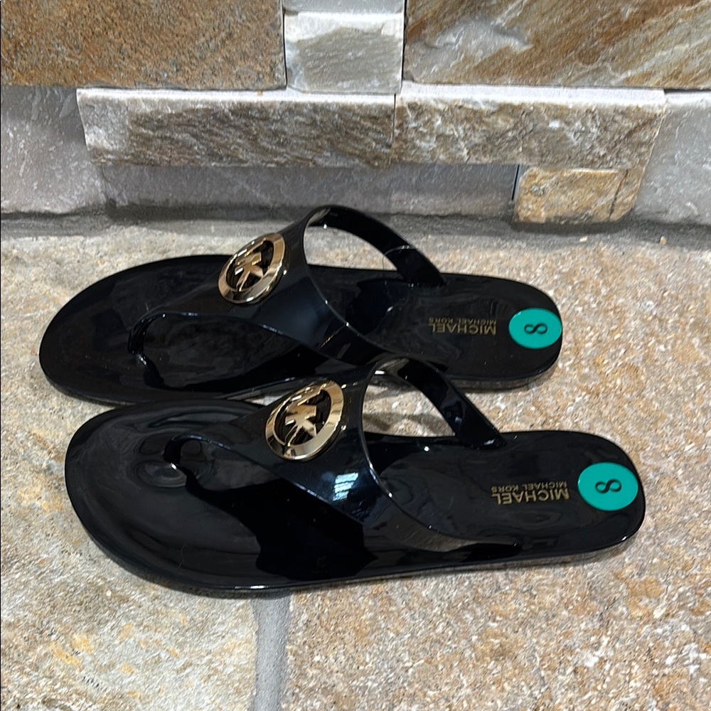 NEW Michael Kors, Lillie Black and Gold MK Logo Sandals - Picture 4 of 5